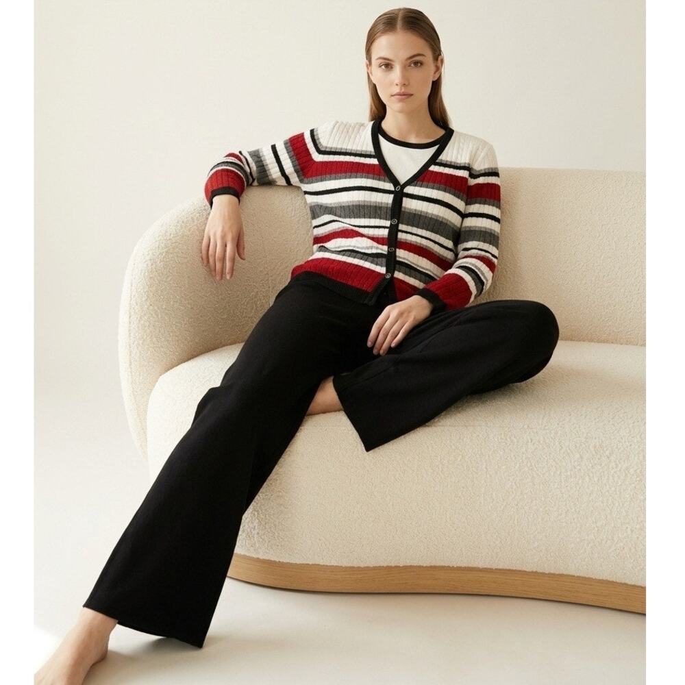 Alfred Dunner Striped Button Front Cardigan Sweater Womens L Petite Career Work